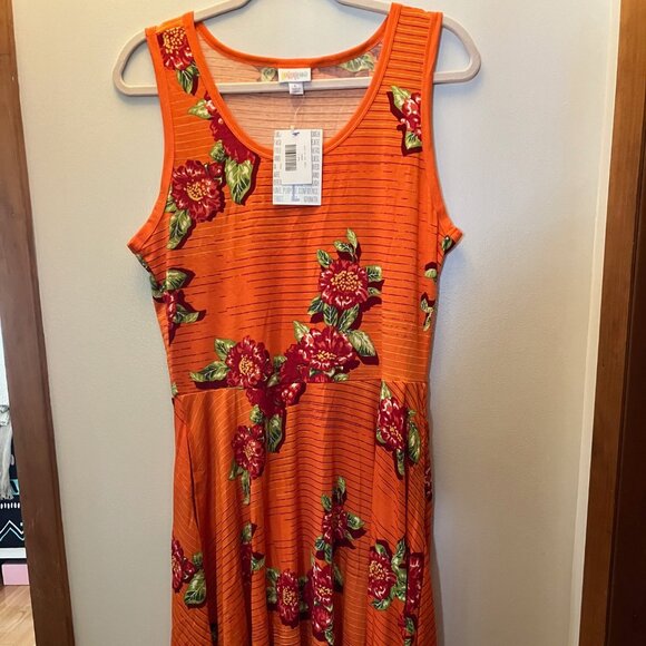 NWT LulaRoe Nicki Dress Size L Orange/Red/Green/Yellow/White Floral - Picture 1 of 6